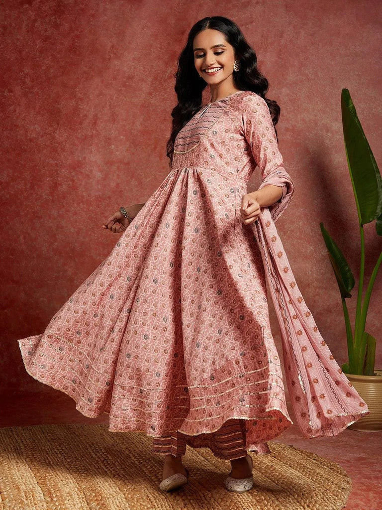 Libas Peach Printed Silk Blend Anarkali Suit With Dupatta