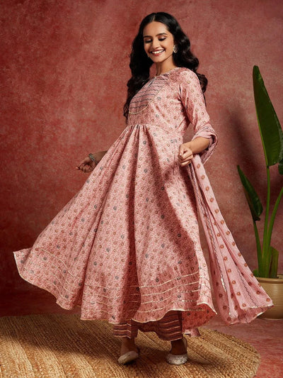 Peach Printed Silk Blend Anarkali Kurta With Trousers & Dupatta - Libas