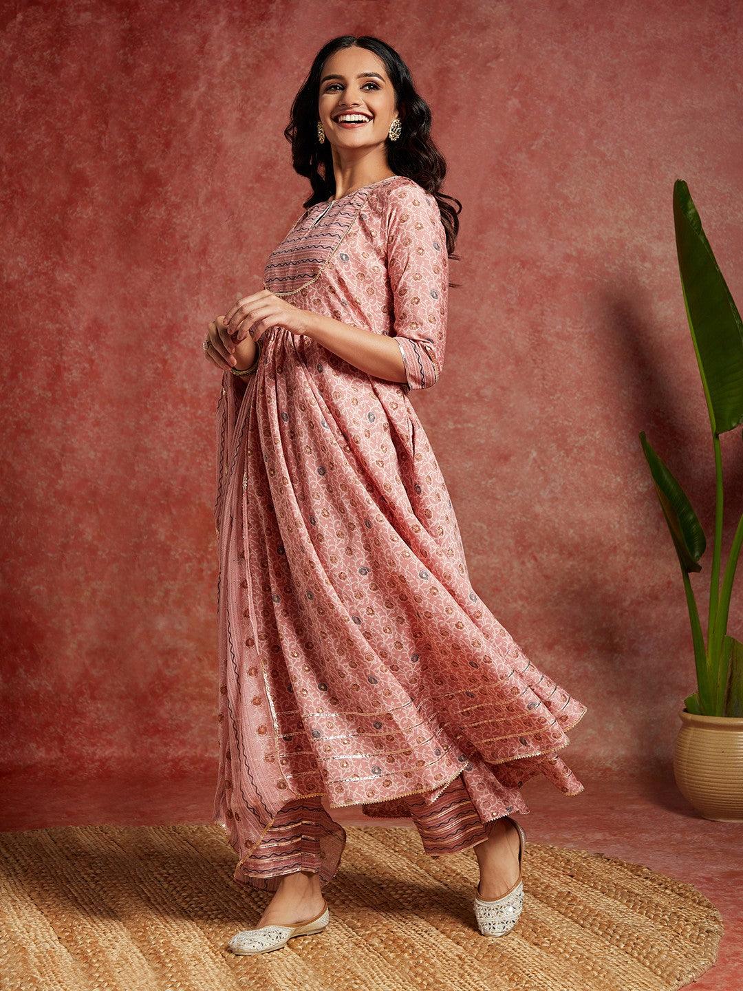 Peach Printed Silk Blend Anarkali Suit With Dupatta