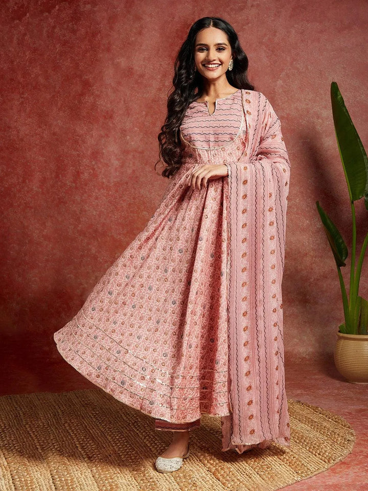 Peach Printed Silk Blend Anarkali Kurta With Trousers & Dupatta - Libas