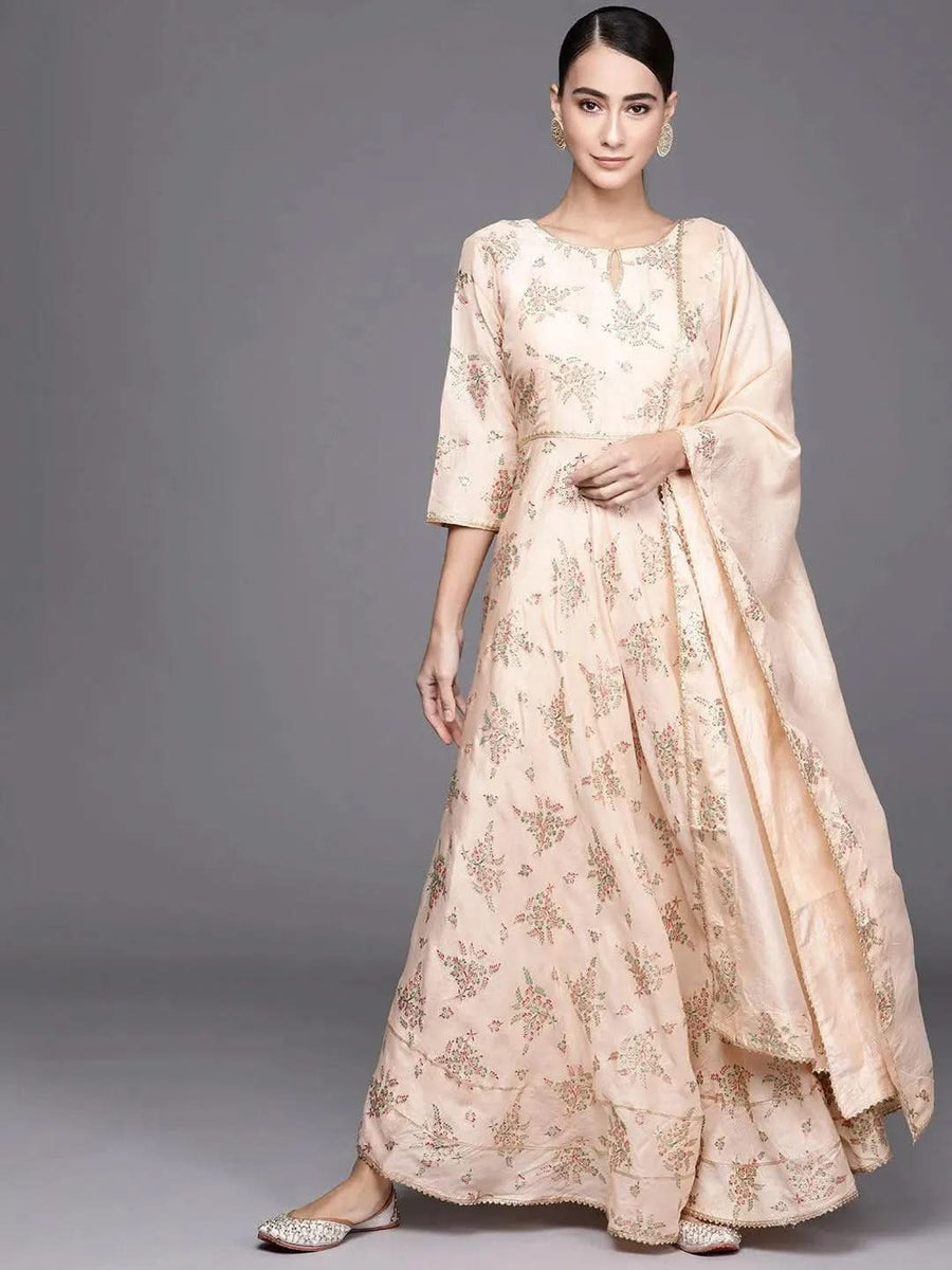 Peach Embroidered Silk blend Dress Material With Dupatta