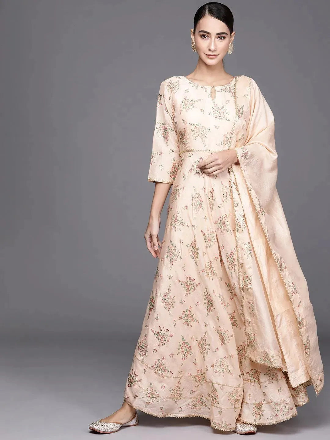 Peach Printed Silk Blend Dress With Dupatta - Libas