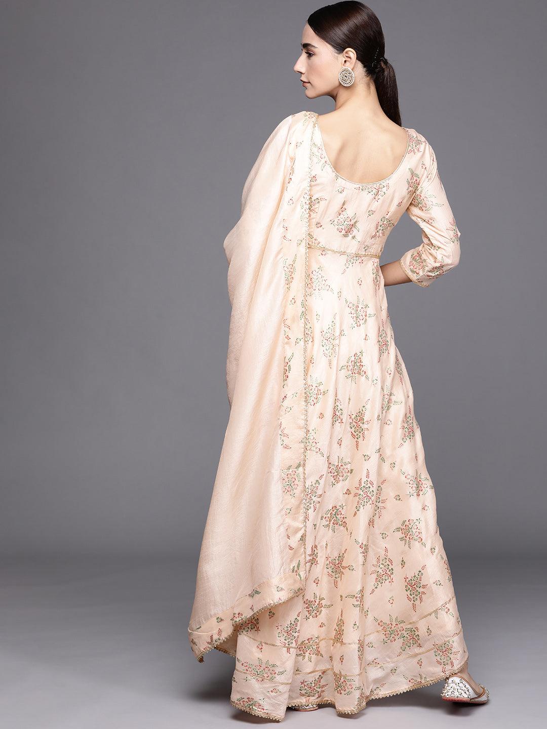 Peach Printed Silk Blend Dress With Dupatta - Libas