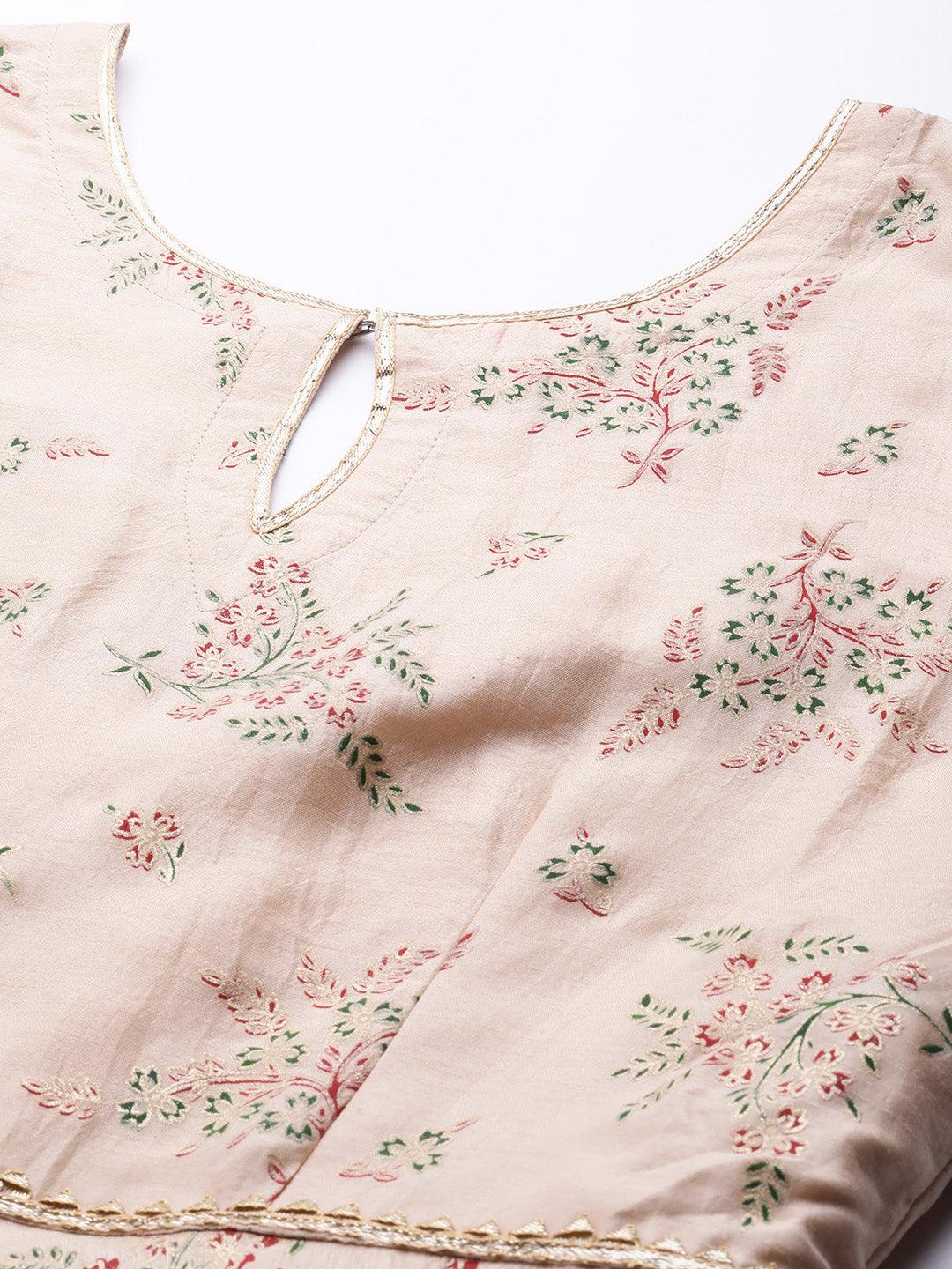 Peach Printed Silk Blend Dress With Dupatta - Libas