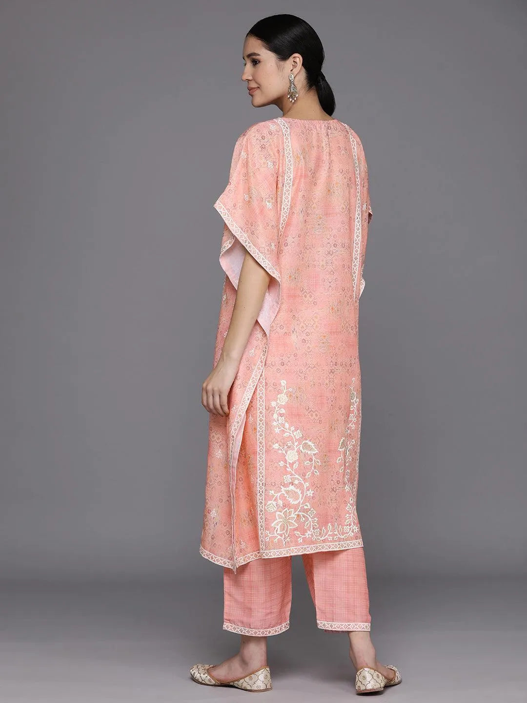 Peach Printed Silk Blend Kaftan Kurta Set With Trousers - Libas 