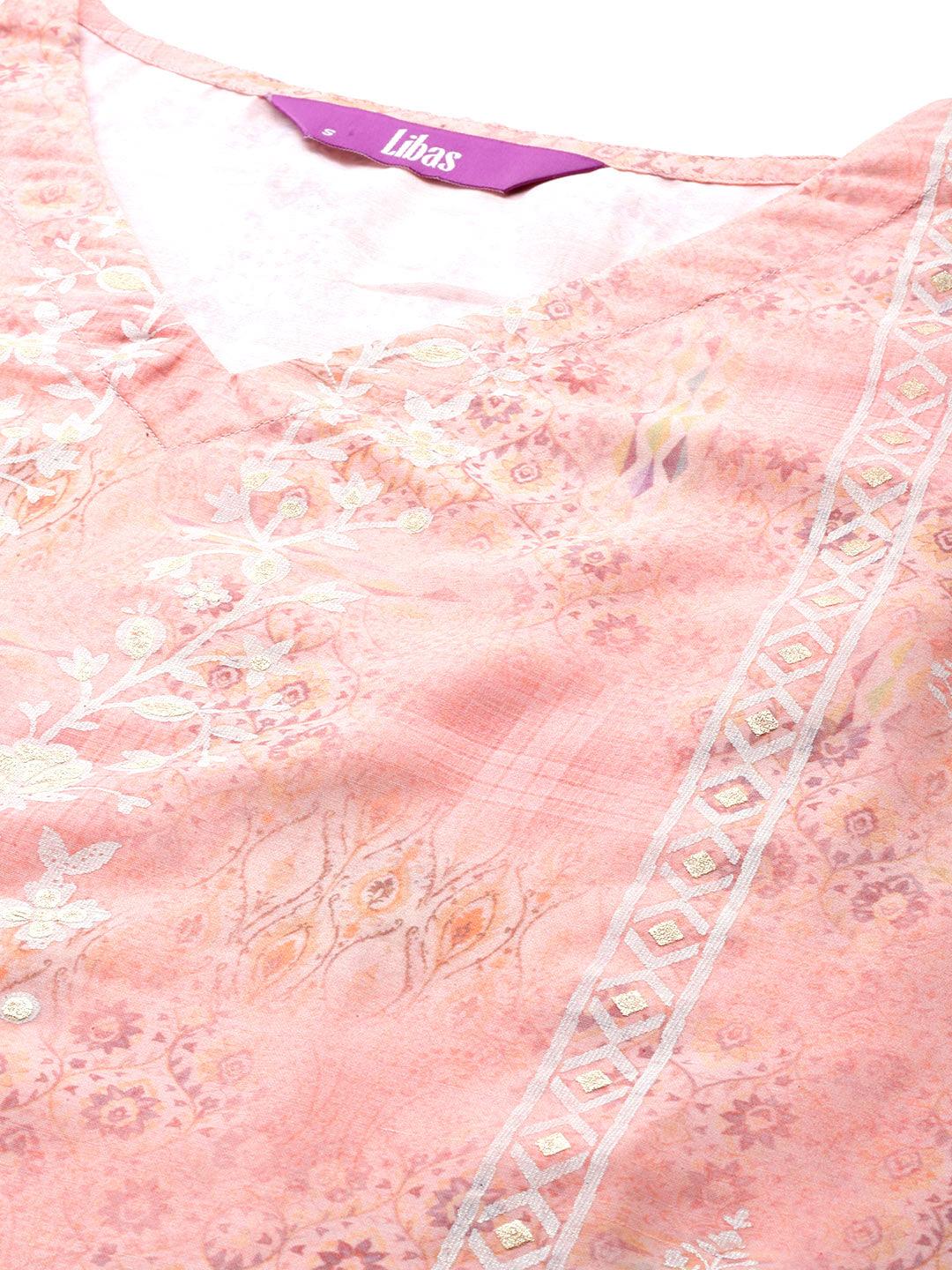 Peach Printed Silk Blend Kaftan Kurta Set With Trousers - Libas