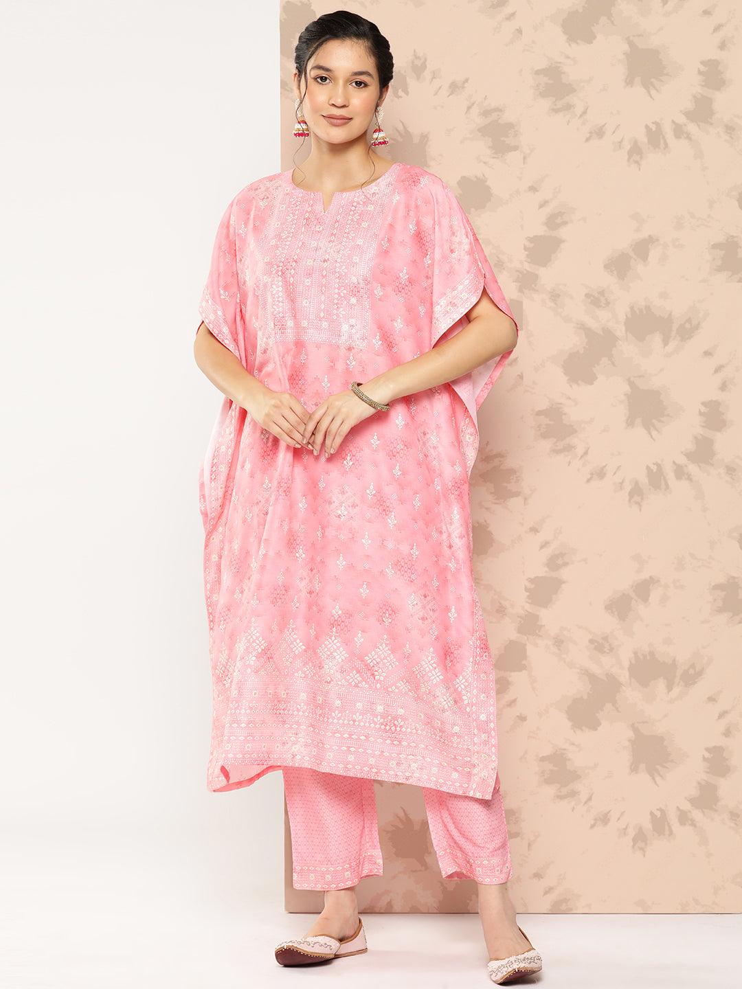 Peach Printed Silk Blend Kaftan Kurta With Trousers