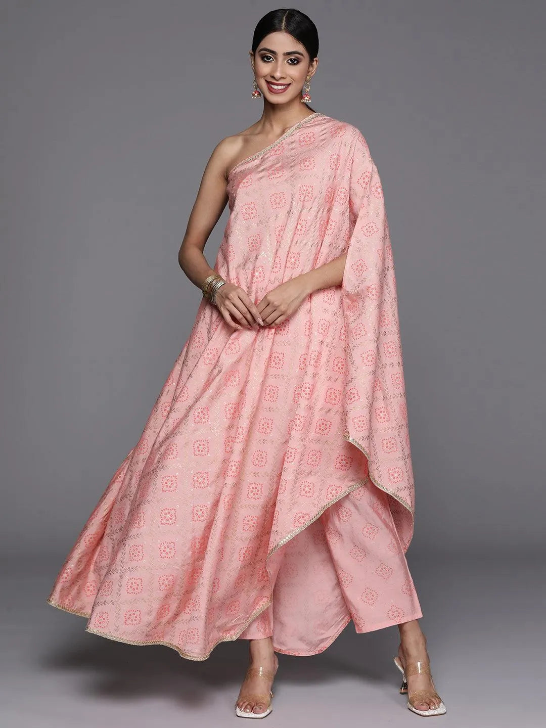 Peach Printed Silk Blend Kaftan Kurta With Trousers - Libas