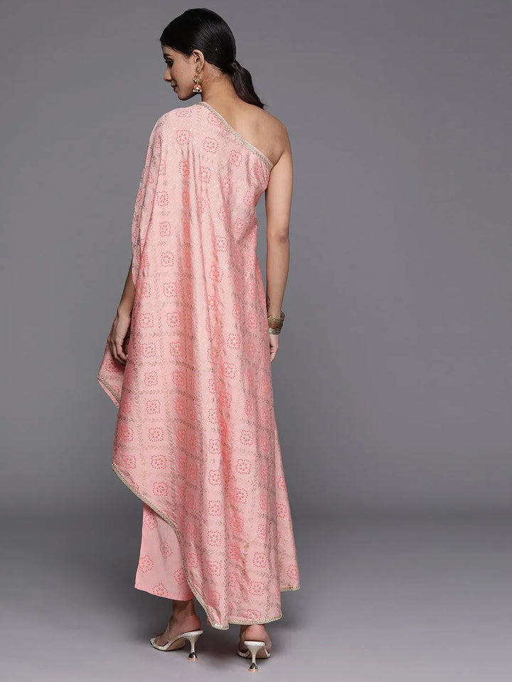 Peach Printed Silk Blend Kaftan Kurta With Trousers - Libas