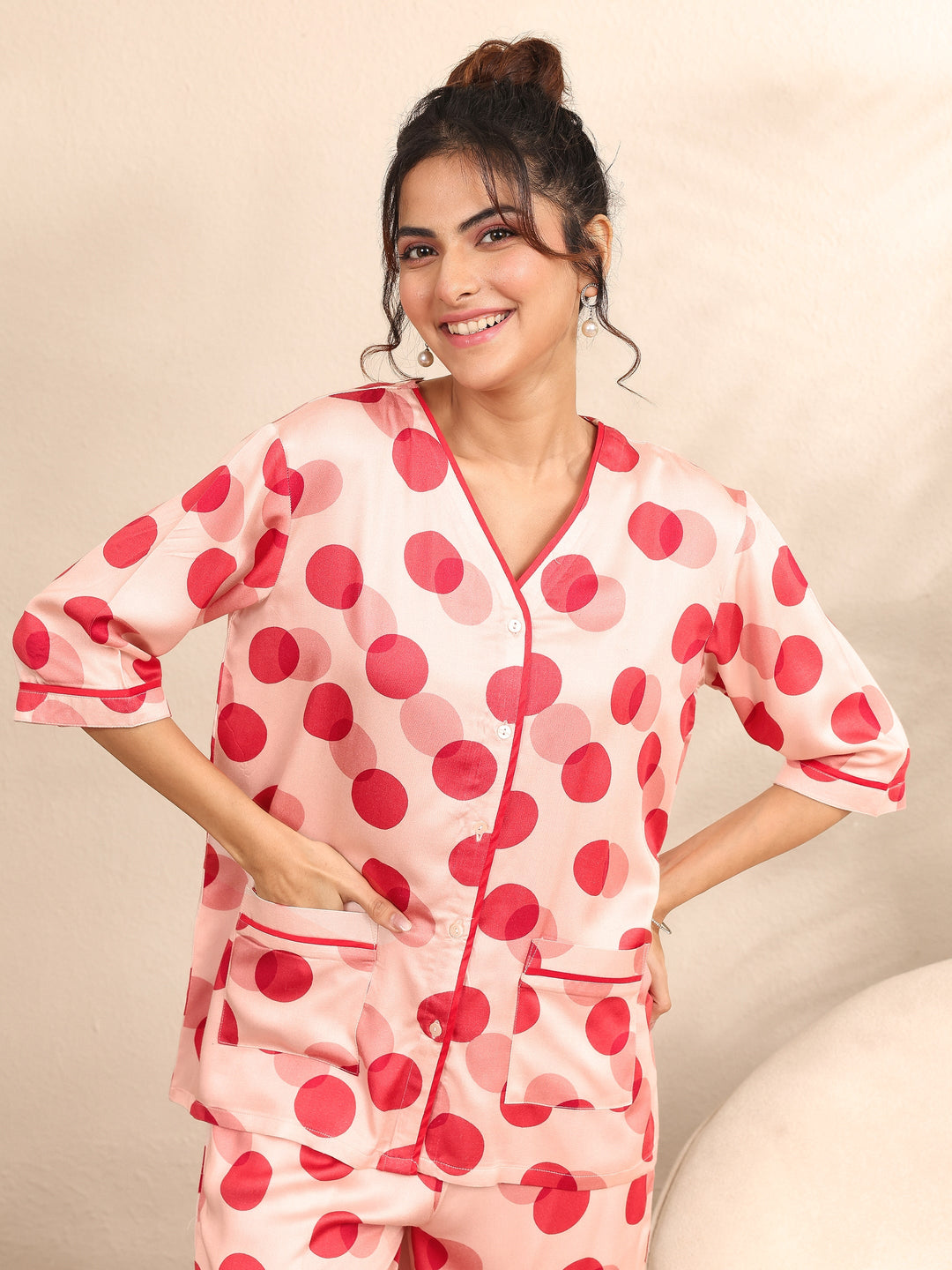 Peach Printed Silk Blend Night Suit