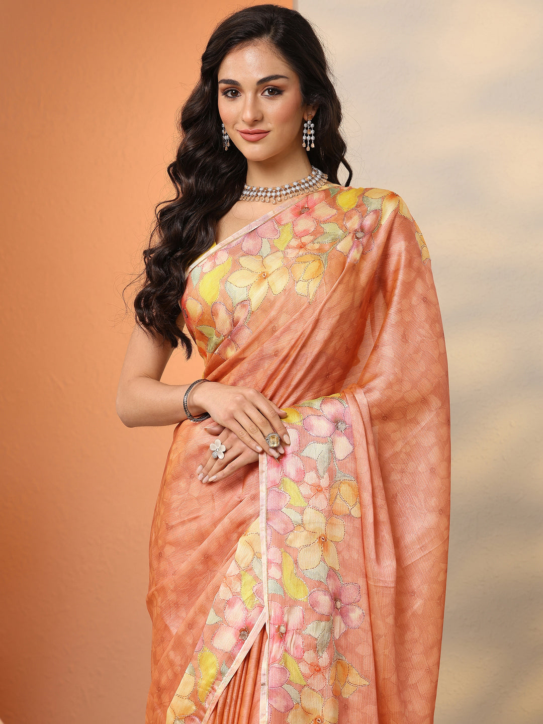  Peach Printed Silk Blend Saree With Unstitched Blouse Piece 