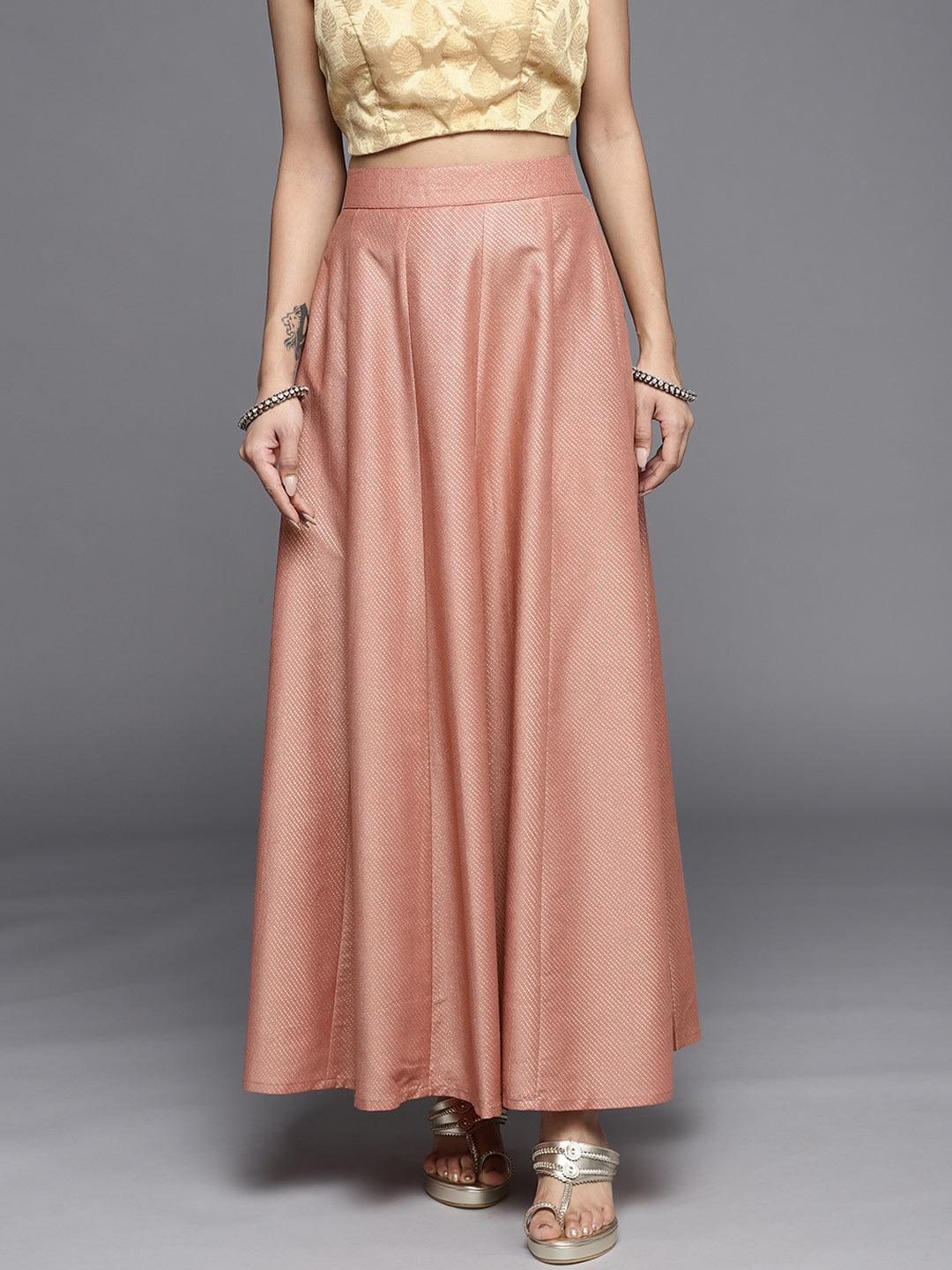 Peach Printed Silk Blend Skirt - Libas