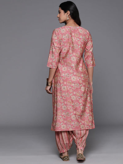 Peach Printed Silk Blend Straight Kurta With Salwar - Libas