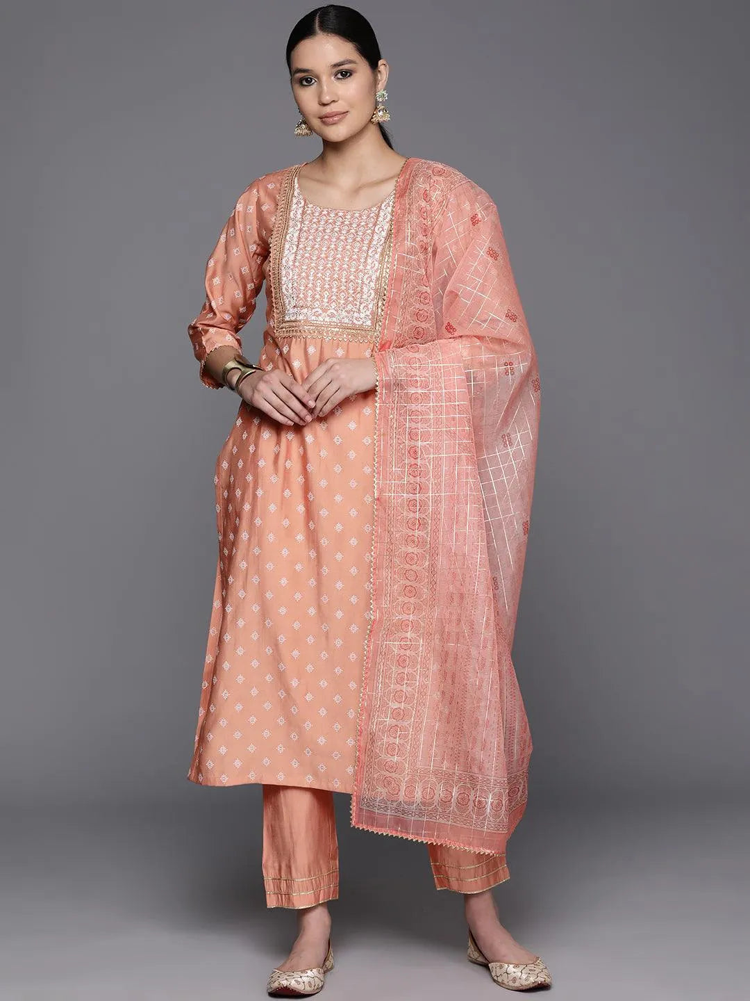 Peach Printed Silk Blend Straight Kurta With Trousers & Dupatta - Libas 