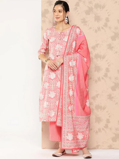 Peach Printed Silk Blend Straight Kurta With Trousers and Dupatta - Libas