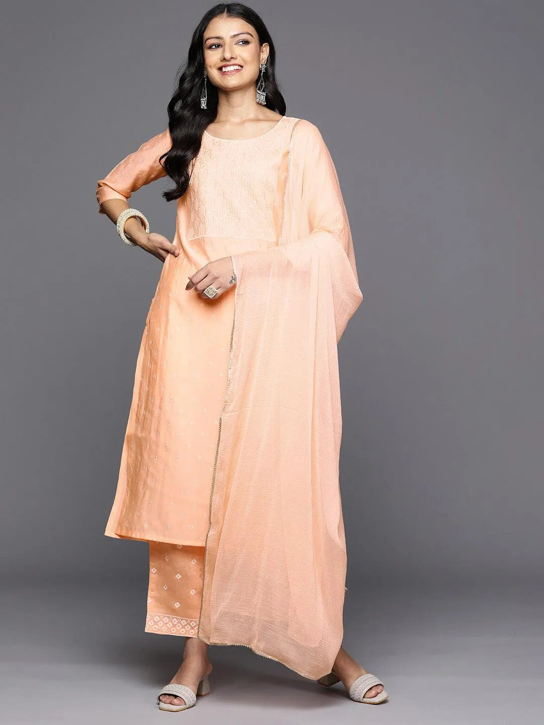 libas Peach Printed Silk Blend Straight Kurta With Trousers & Dupatta-picture-15