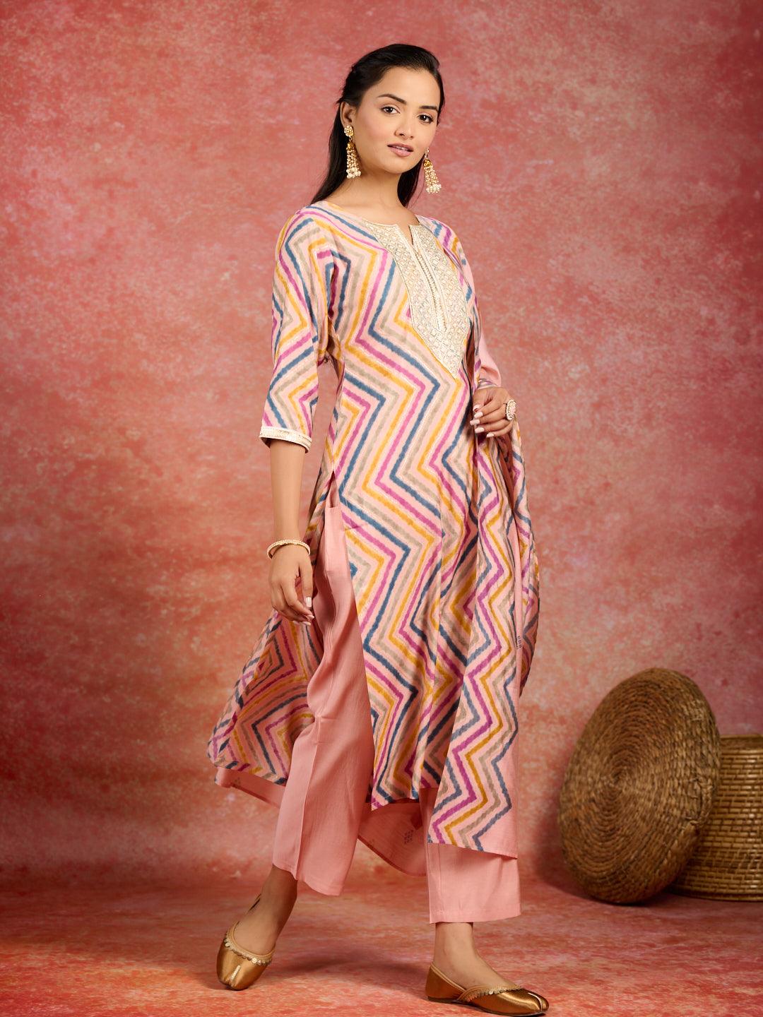 Peach Printed Silk Blend Straight Suit With Dupatta