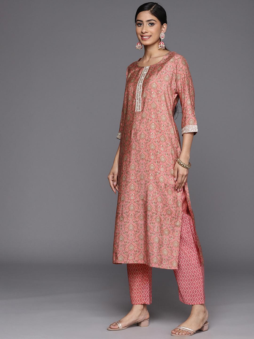 Peach Printed Silk Blend Straight Suit Set With Trousers - Libas