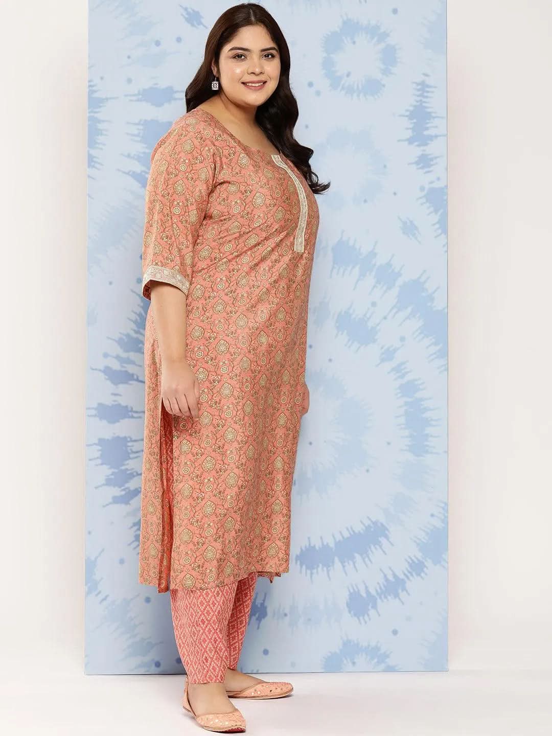 Peach Printed Silk Blend Straight Kurta With Trousers and Dupatta - Libas 