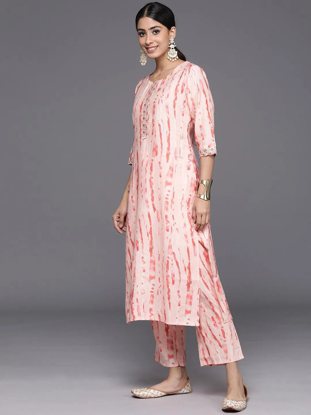 Peach Printed Silk Blend Straight Kurta With Trousers & Dupatta - Libas 