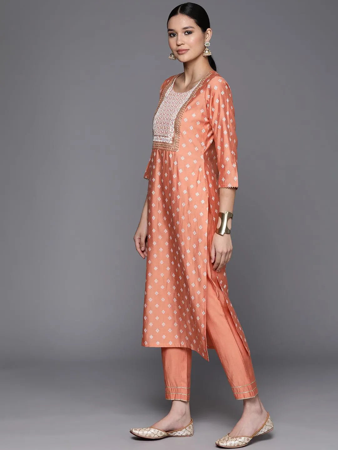 Peach Printed Silk Blend Straight Kurta With Trousers & Dupatta - Libas 