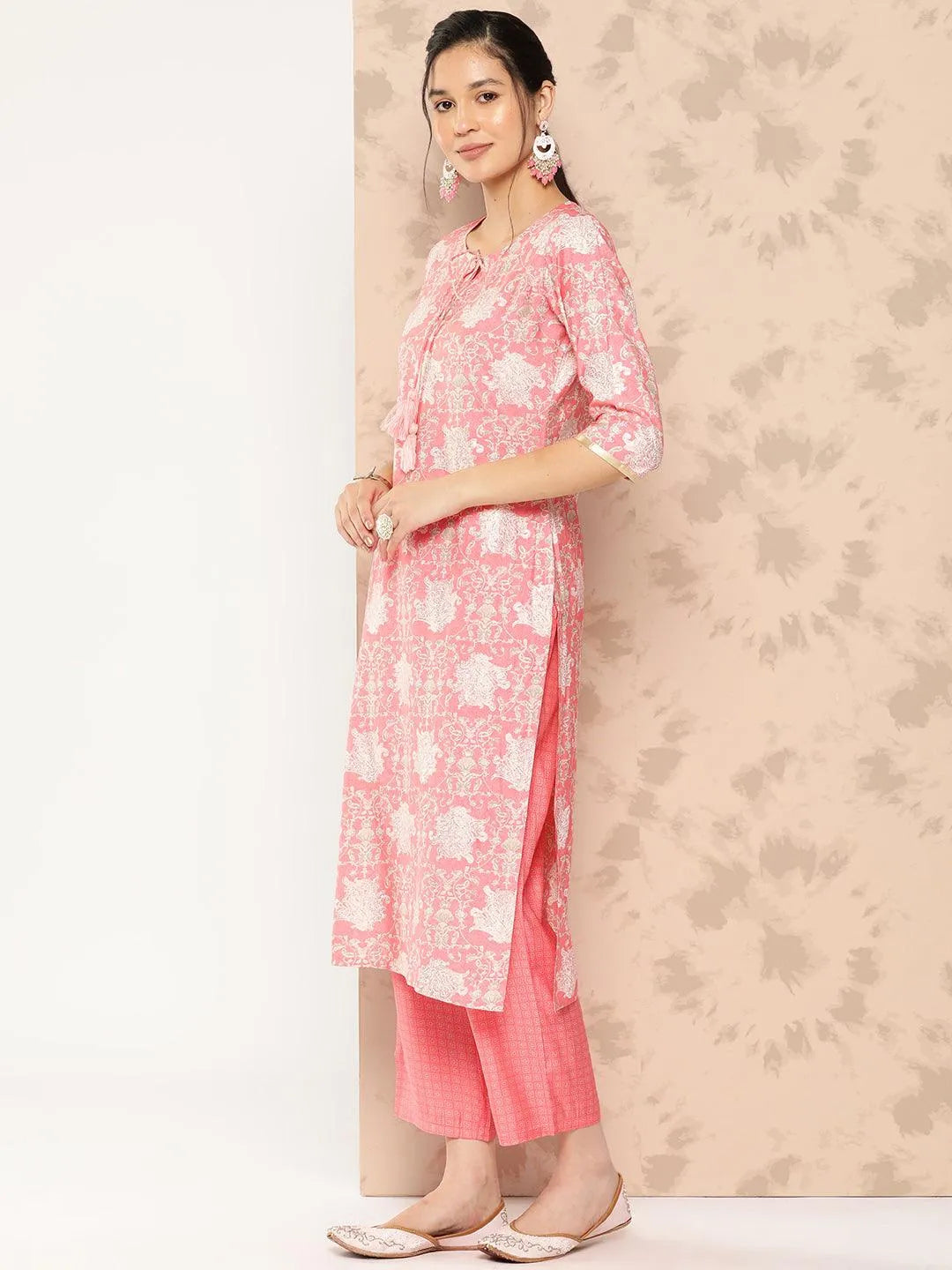 Peach Printed Silk Blend Straight Kurta With Trousers and Dupatta - Libas