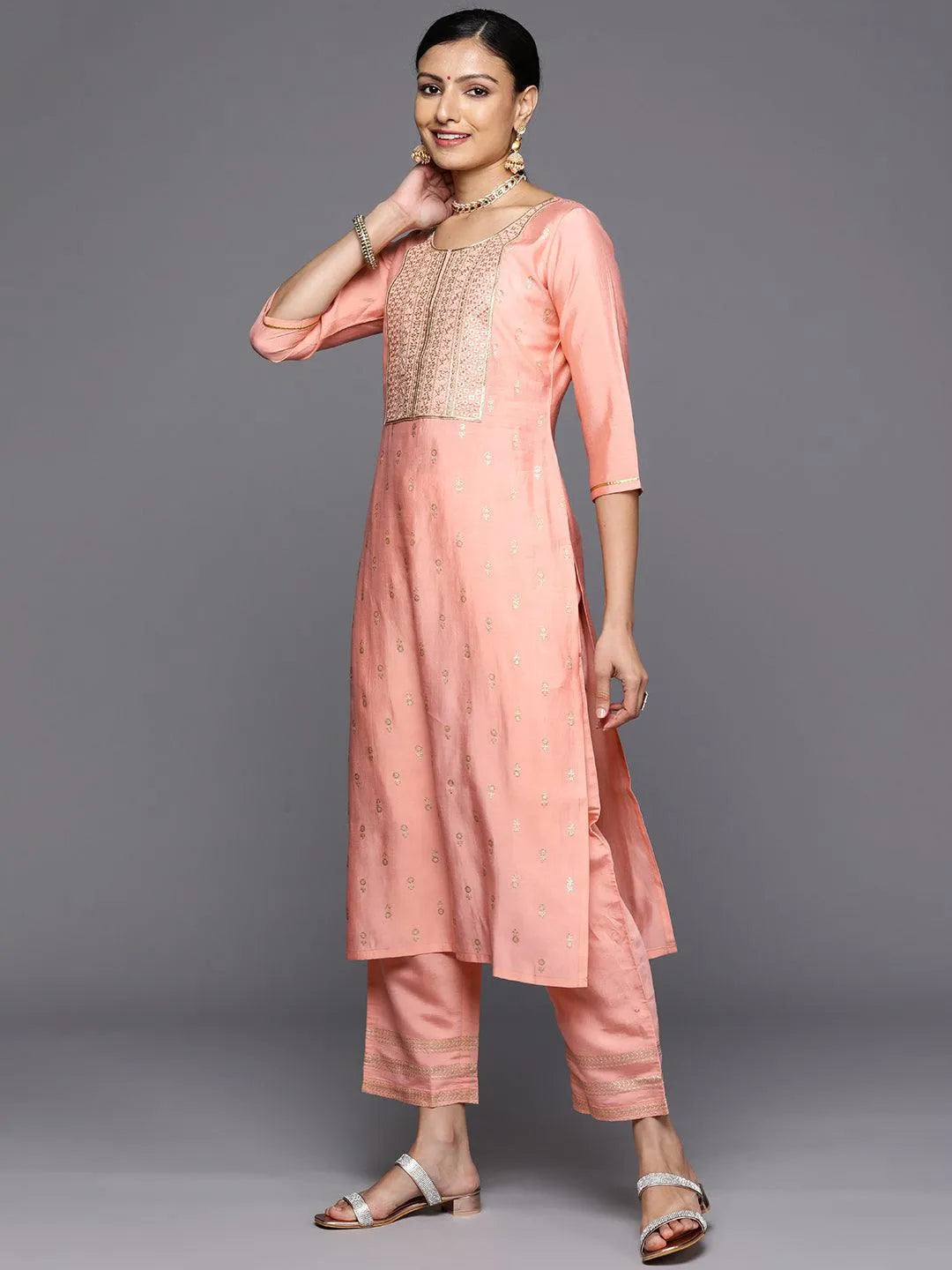 Peach Printed Silk Blend Straight Kurta With Trousers & Dupatta - Libas 