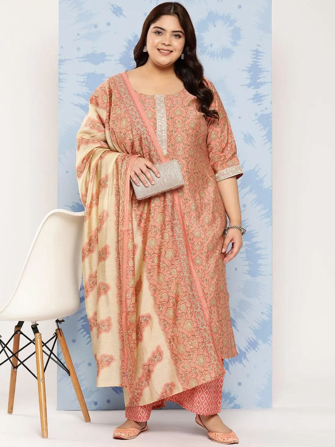 Peach Printed Silk Blend Straight Kurta With Trousers and Dupatta - Libas 