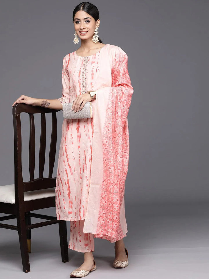 Peach Printed Silk Blend Straight Kurta With Trousers & Dupatta - Libas