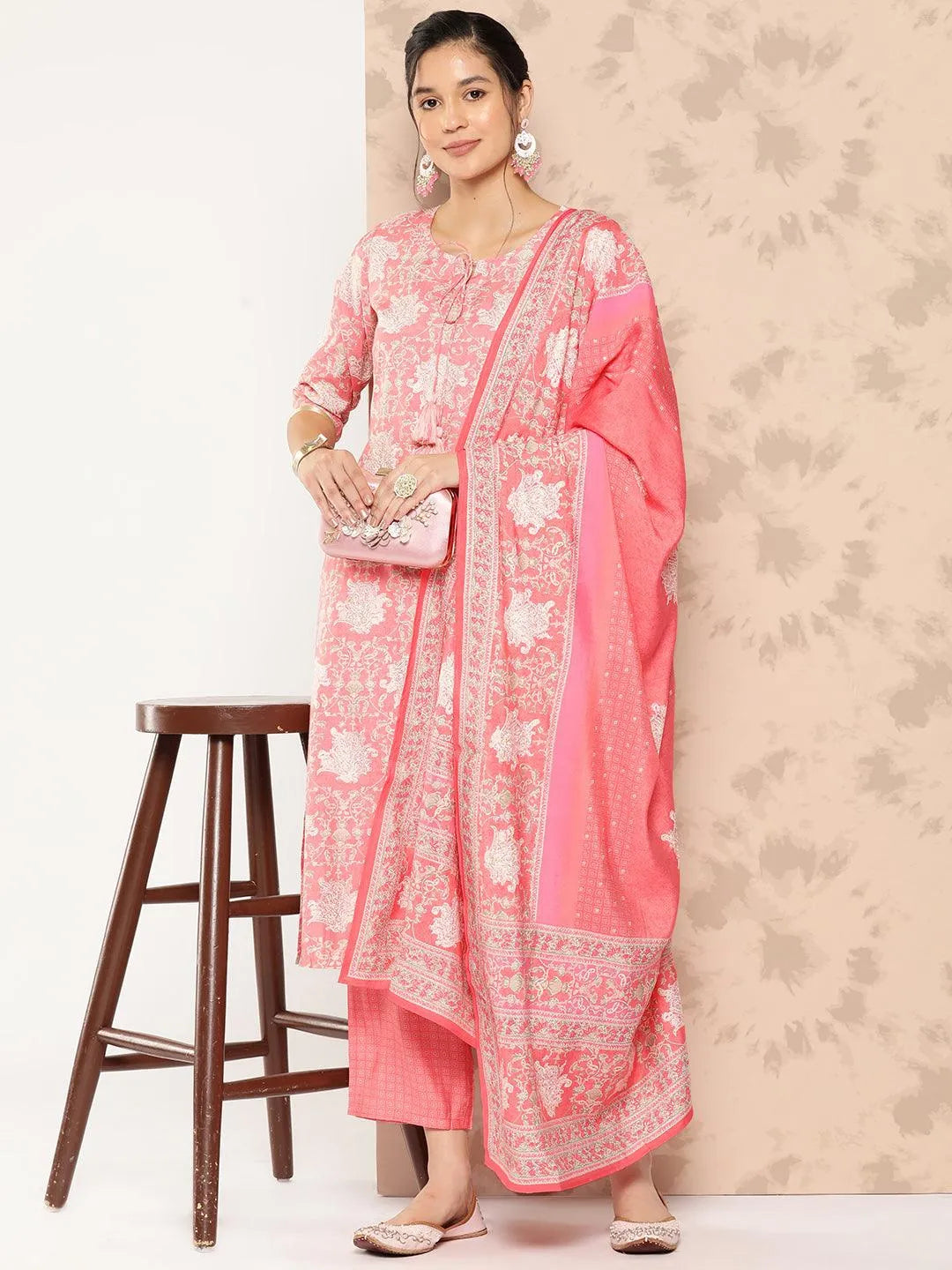 Peach Printed Silk Blend Straight Kurta With Trousers and Dupatta - Libas 