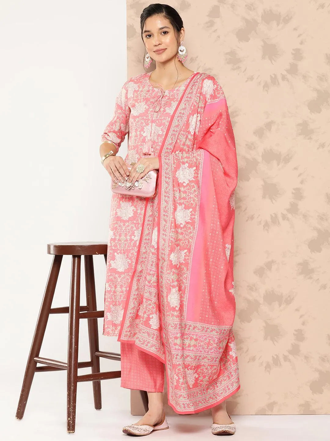 Peach Printed Silk Blend Straight Kurta With Trousers and Dupatta - Libas