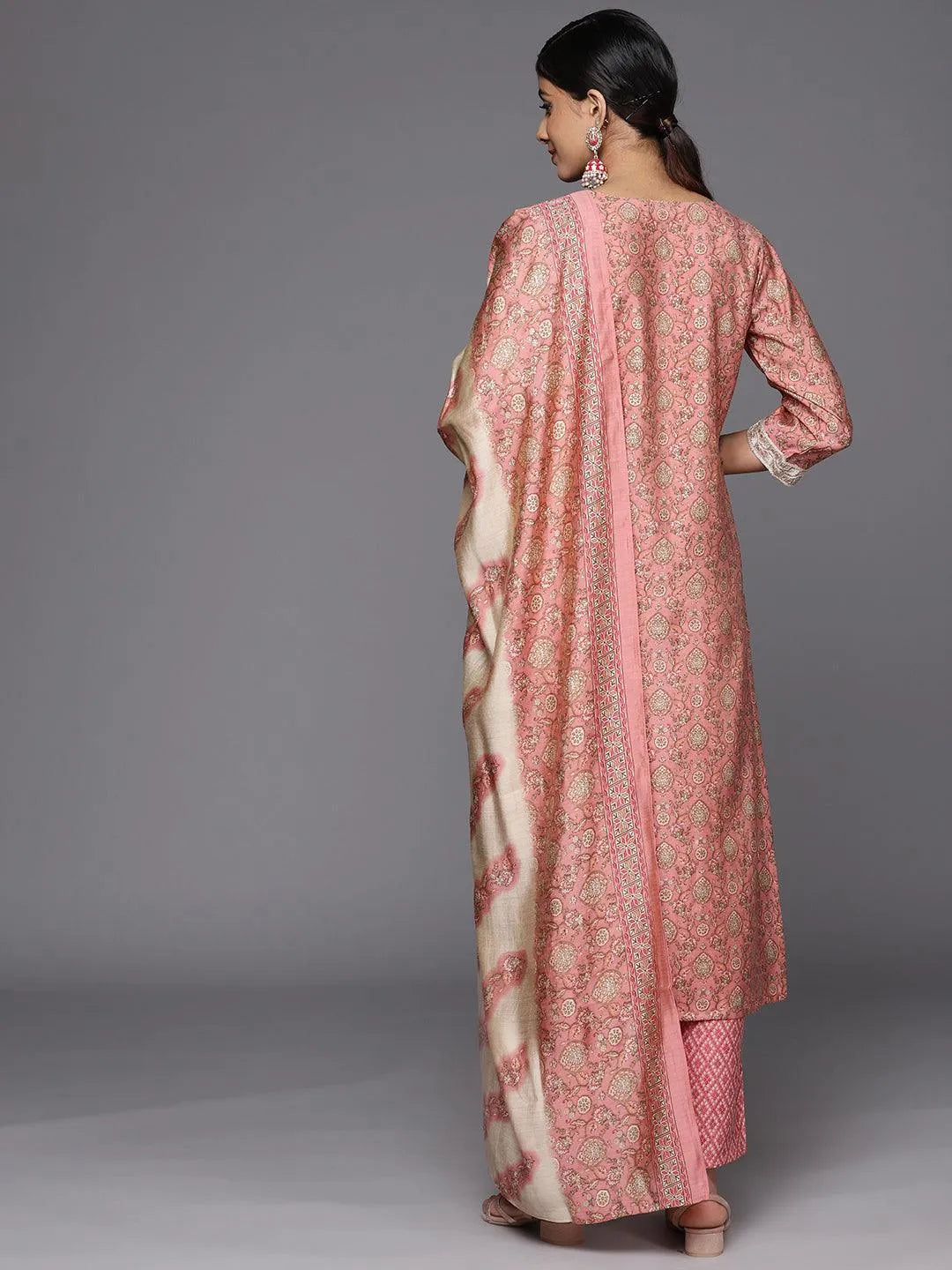 Peach Printed Silk Blend Straight Suit Set With Trousers - Libas 