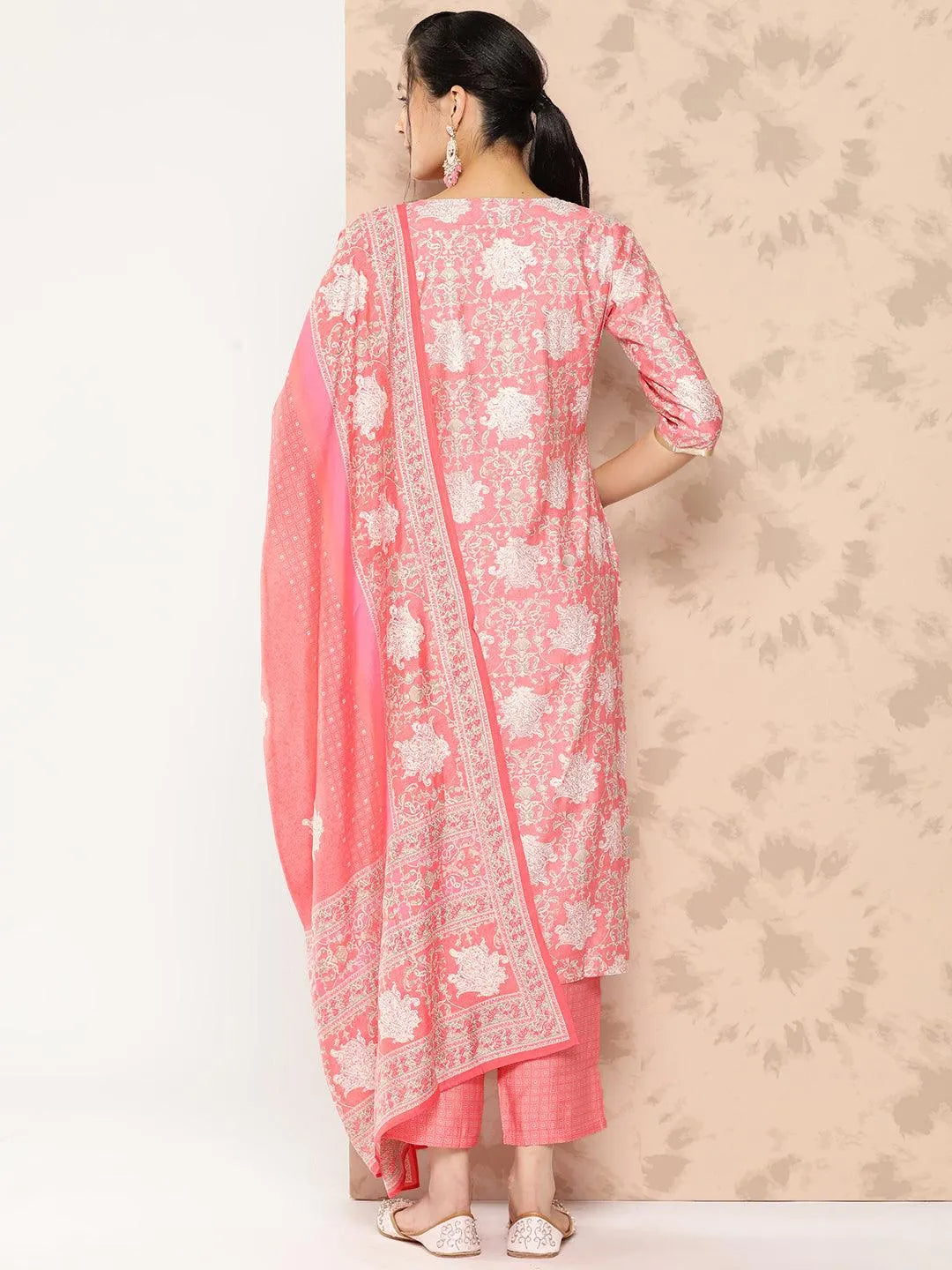 Peach Printed Silk Blend Straight Kurta With Trousers and Dupatta - Libas