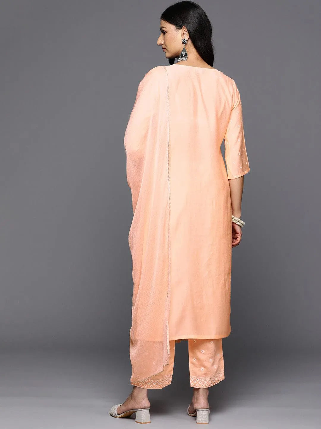Peach Printed Silk Blend Straight Kurta With Trousers & Dupatta - Libas 