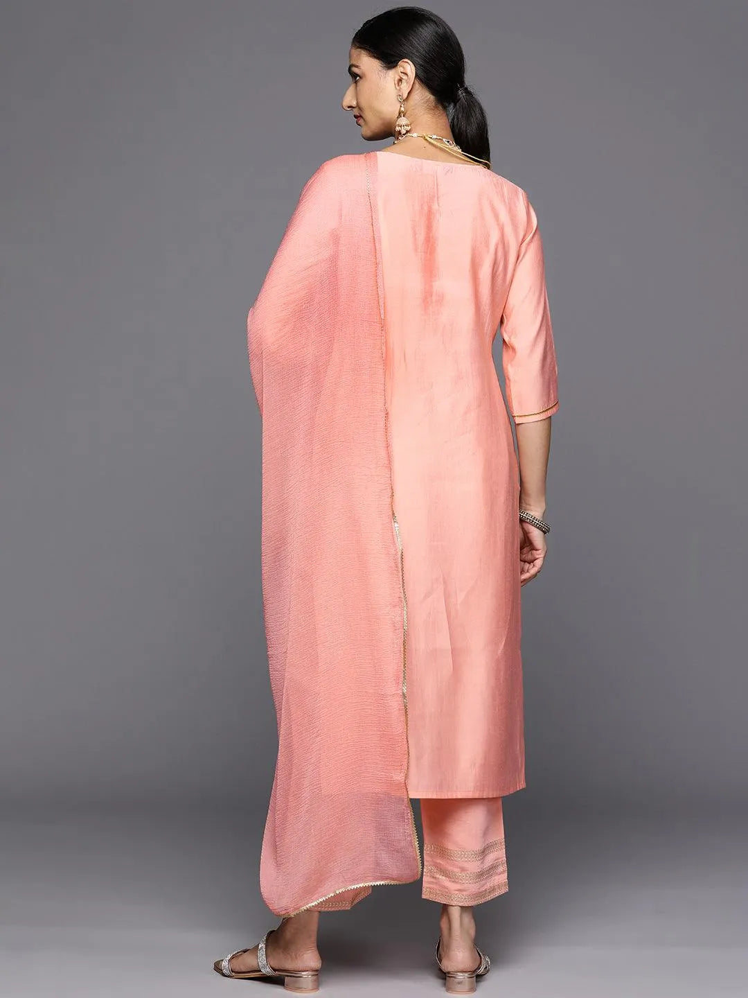 Peach Printed Silk Blend Straight Kurta With Trousers & Dupatta - Libas 