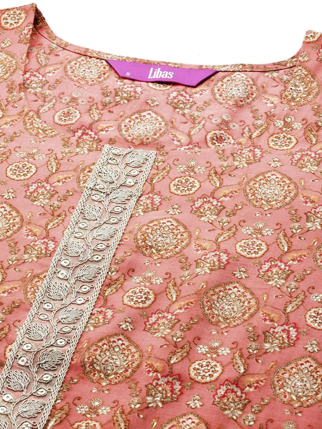 Peach Printed Silk Blend Straight Suit Set With Trousers - Libas 