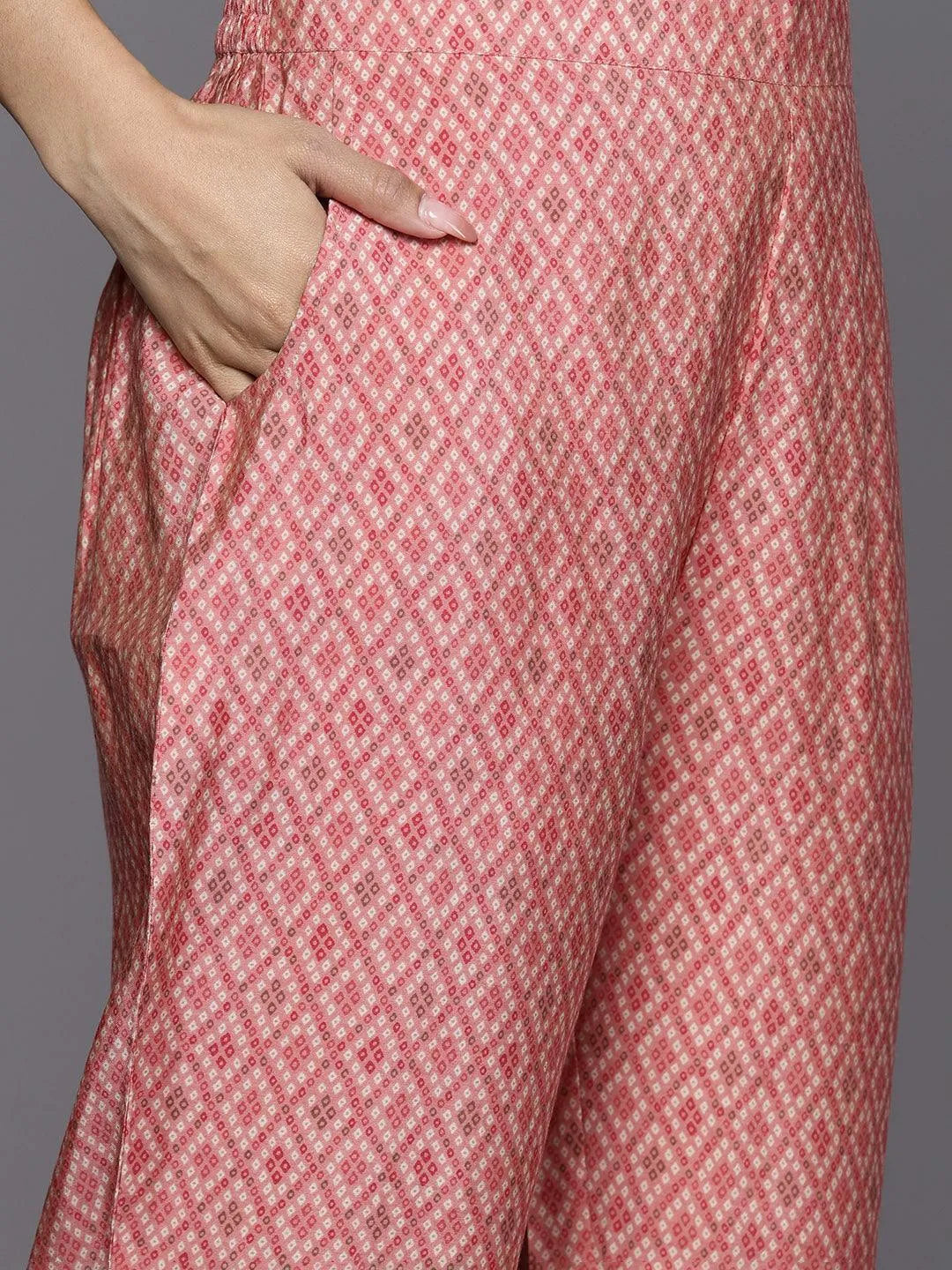 Peach Printed Silk Blend Straight Suit Set With Trousers - Libas 