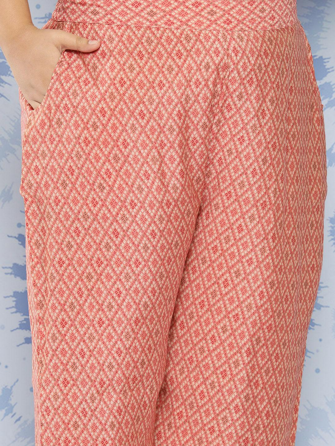 Peach Printed Silk Blend Straight Kurta With Trousers and Dupatta - Libas