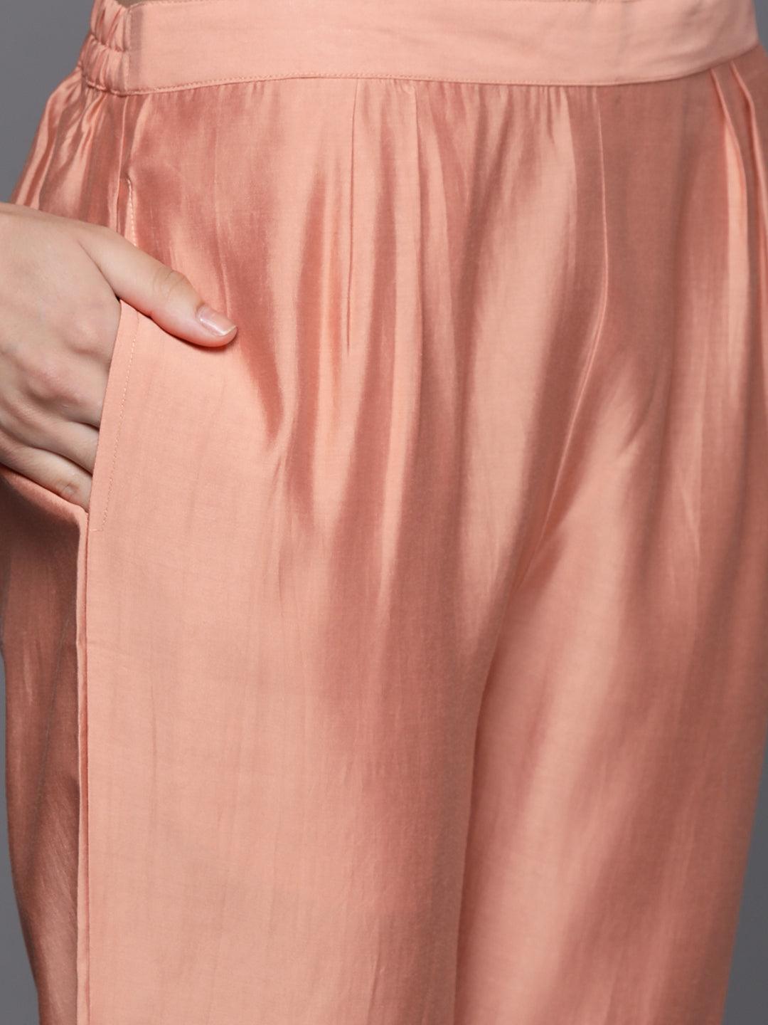 Peach Printed Silk Blend Straight Kurta With Trousers & Dupatta
