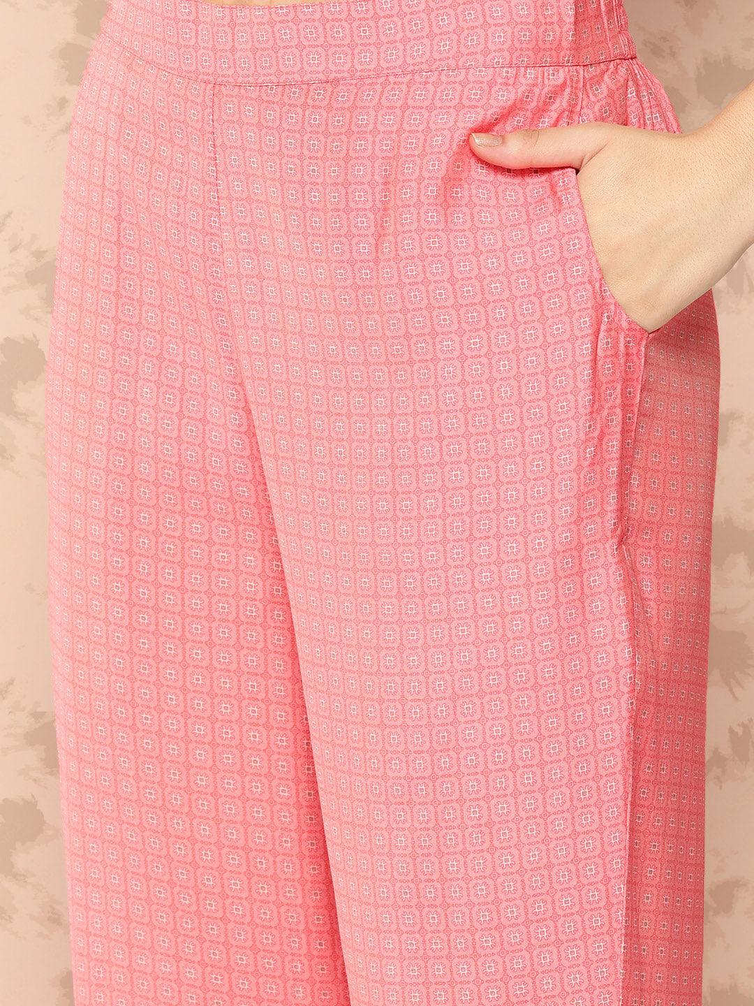 Peach Printed Silk Blend Straight Kurta With Trousers and Dupatta - Libas