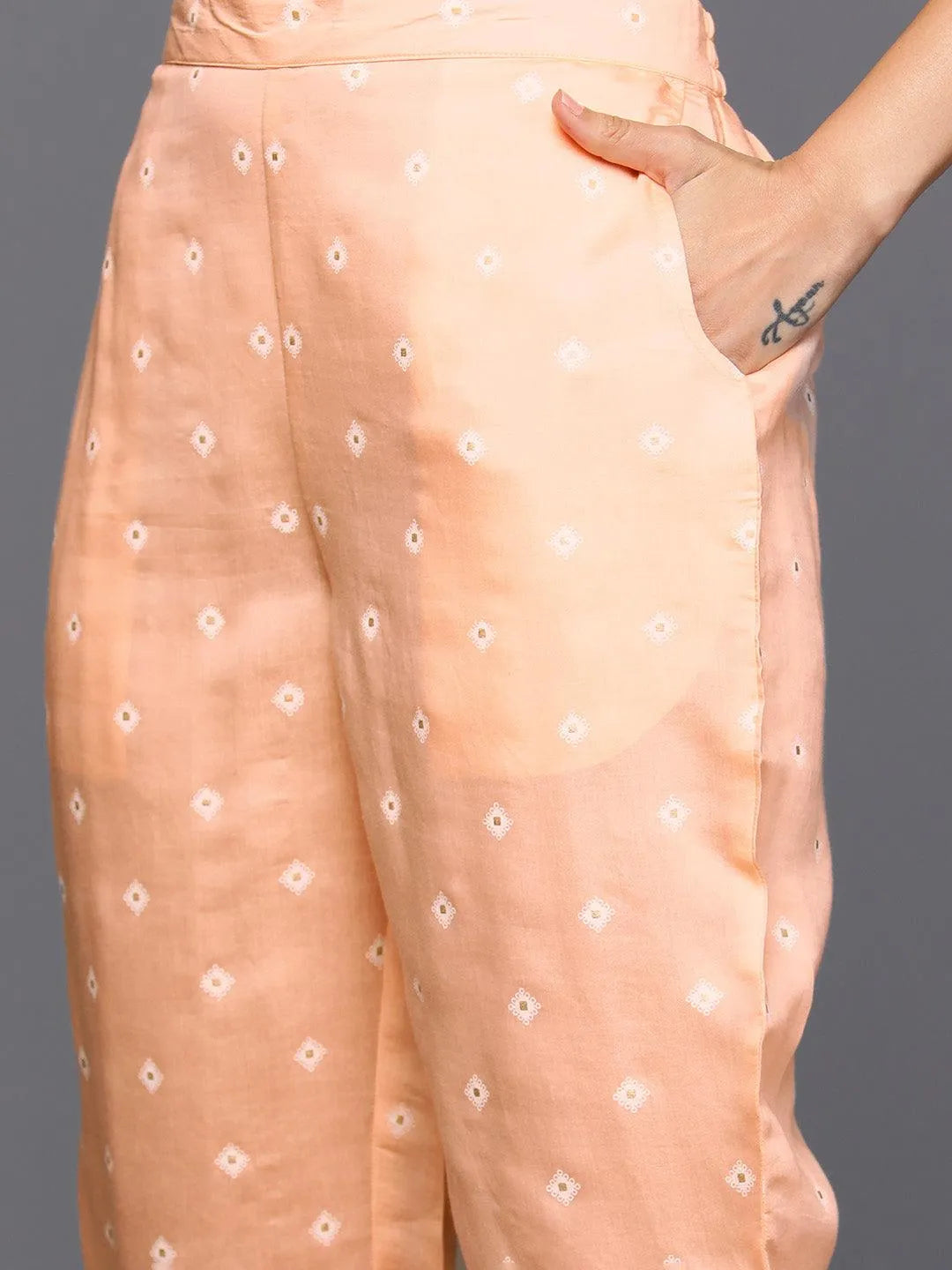 Peach Printed Silk Blend Straight Kurta With Trousers & Dupatta - Libas 