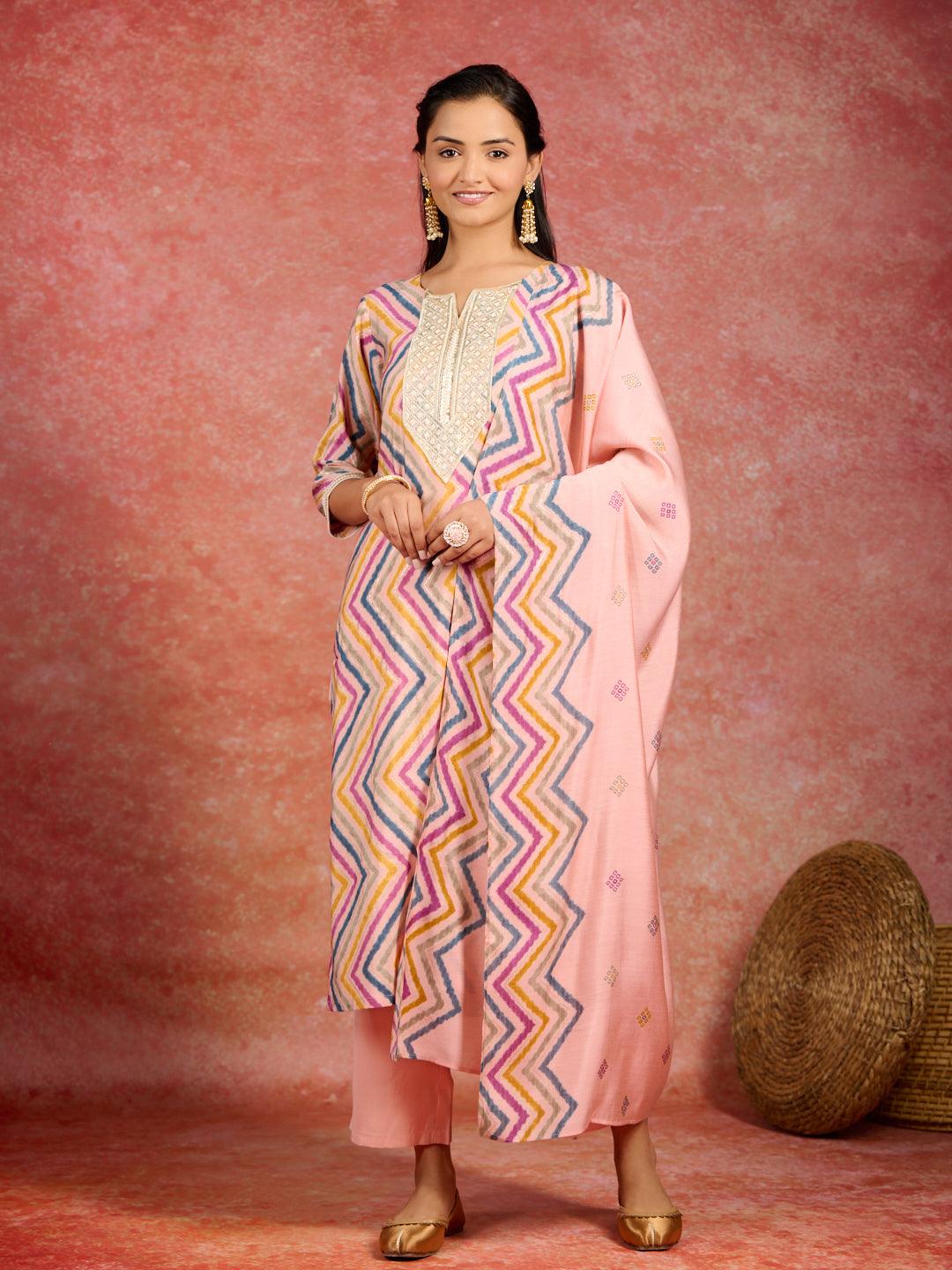 Peach Printed Silk Blend Straight Suit With Dupatta