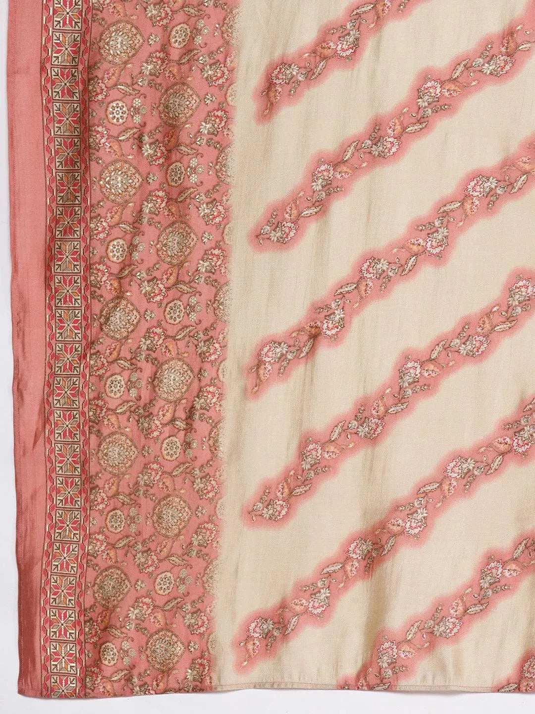 Peach Printed Silk Blend Straight Suit Set With Trousers - Libas 