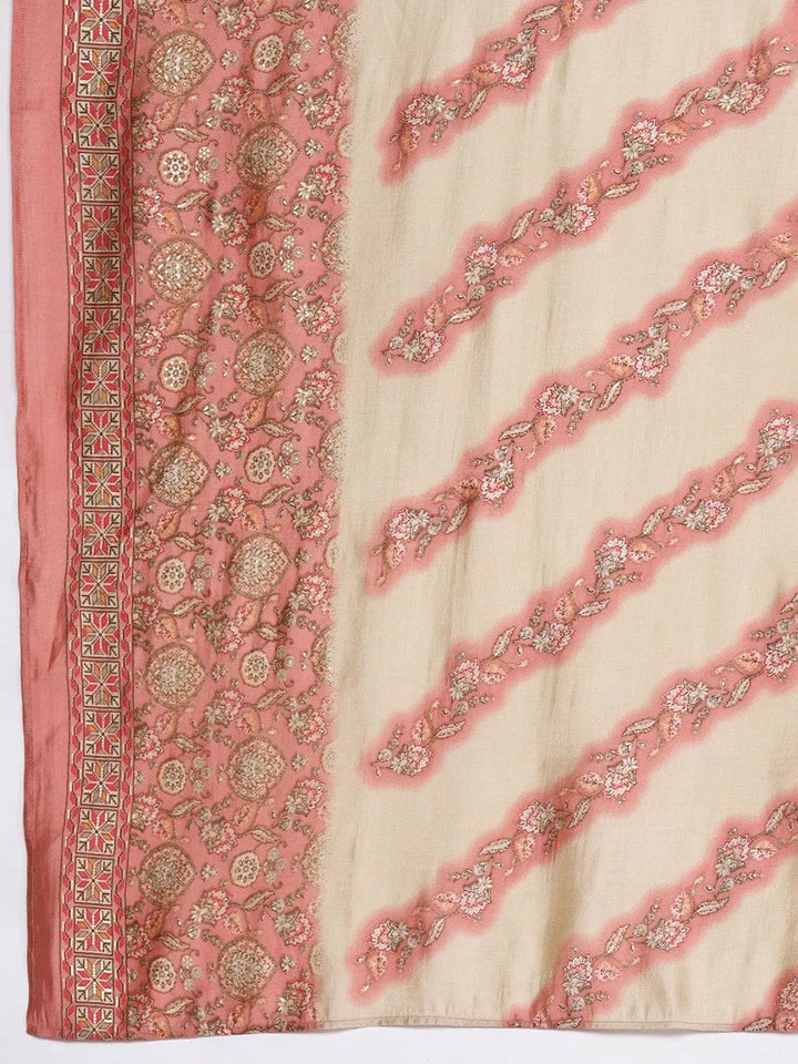 Peach Printed Silk Blend Straight Suit Set With Trousers - Libas