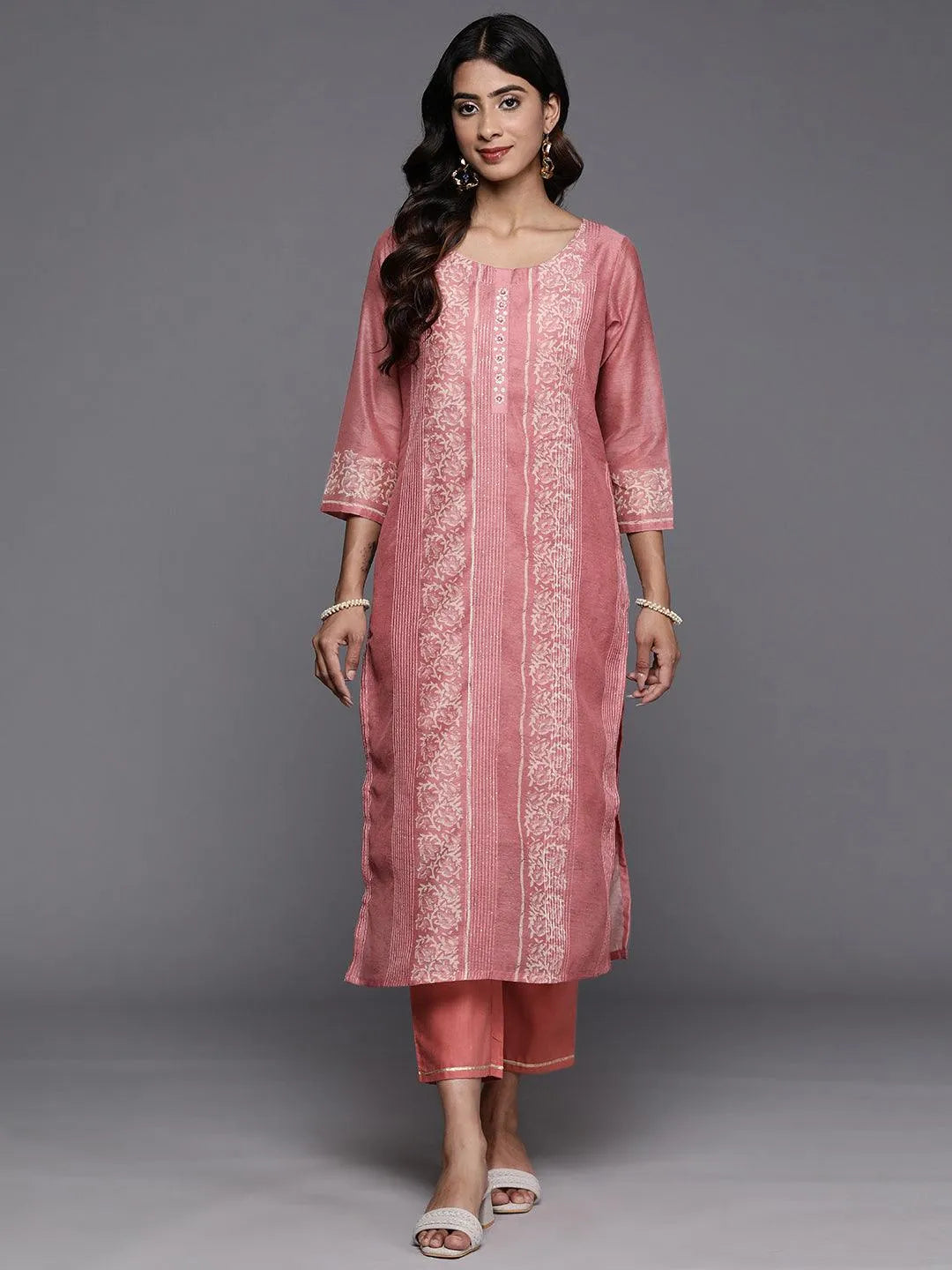 Peach Printed Silk Blend Straight Kurta With Trousers - Libas 