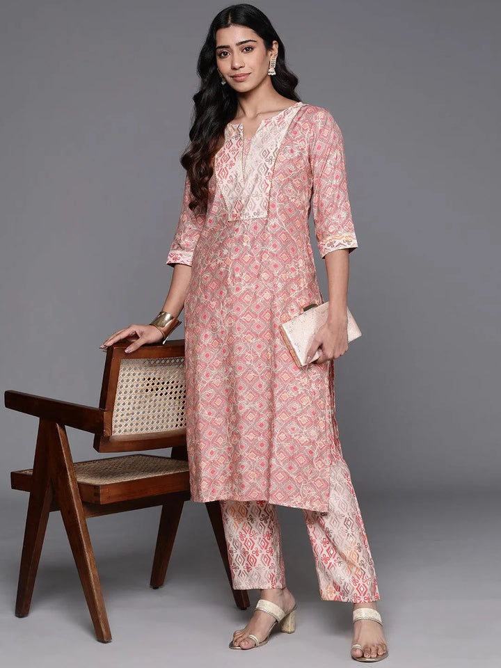 Peach Printed Silk Blend Straight Kurta With Trousers - Libas