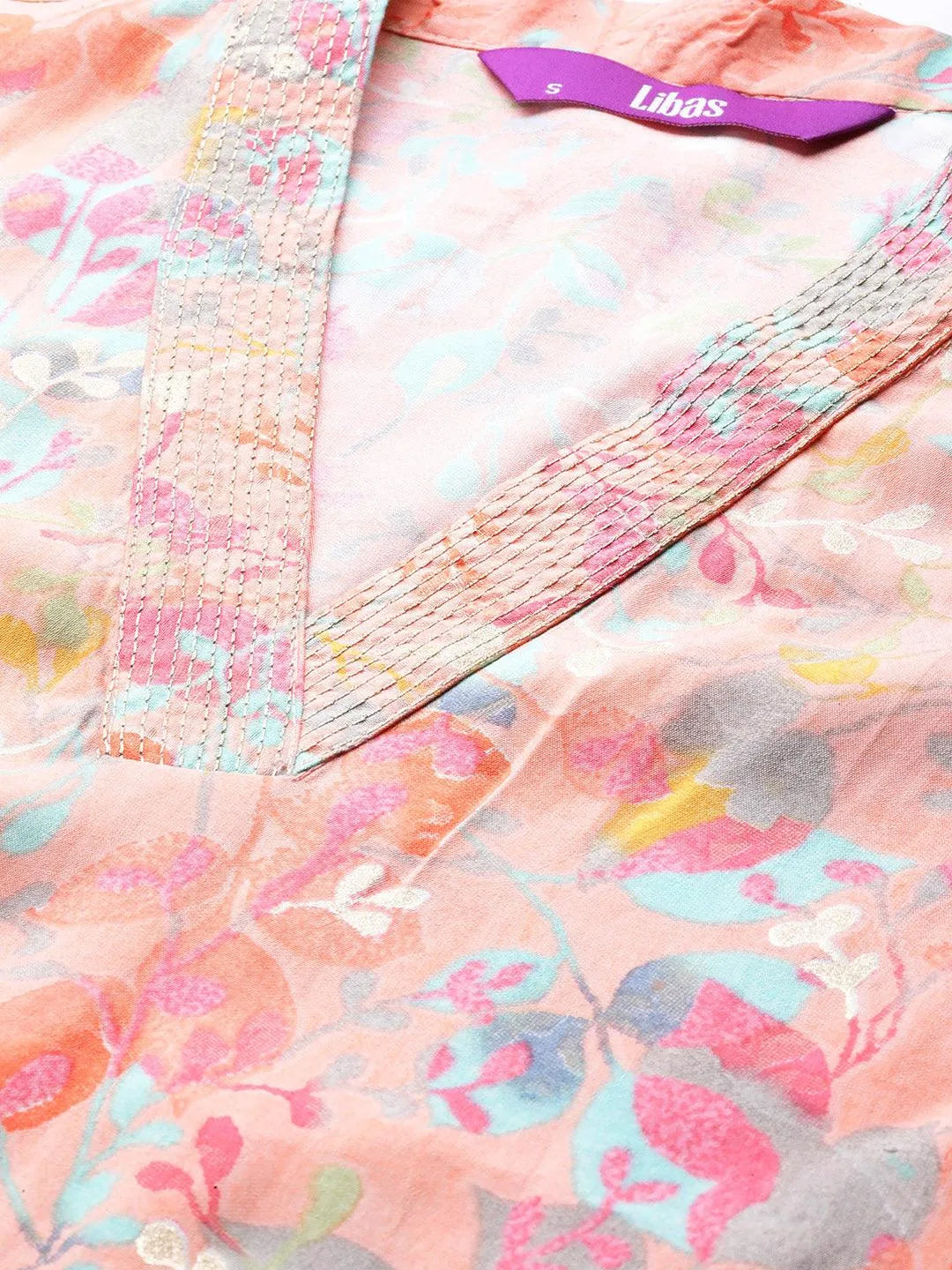 Peach Printed Silk Blend Straight Kurti - Libas 
