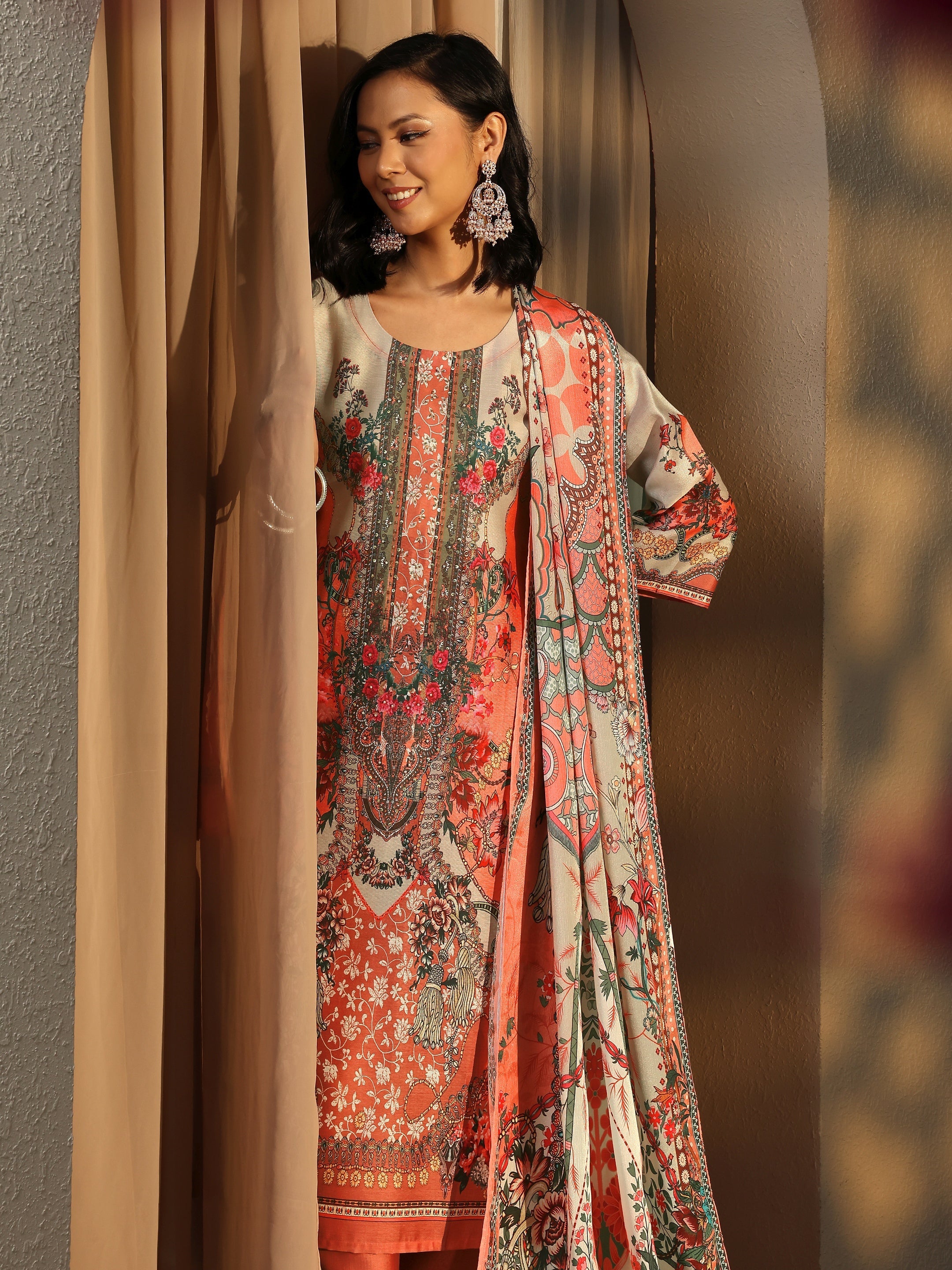 libas Peach Printed Silk Blend Straight Suit Set With Dupatta-picture-22