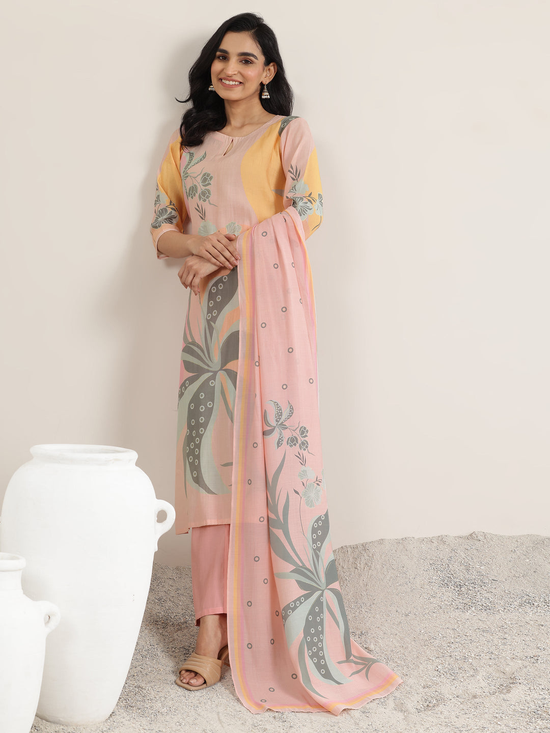  Peach Printed Silk Blend Straight Suit With Dupatta 