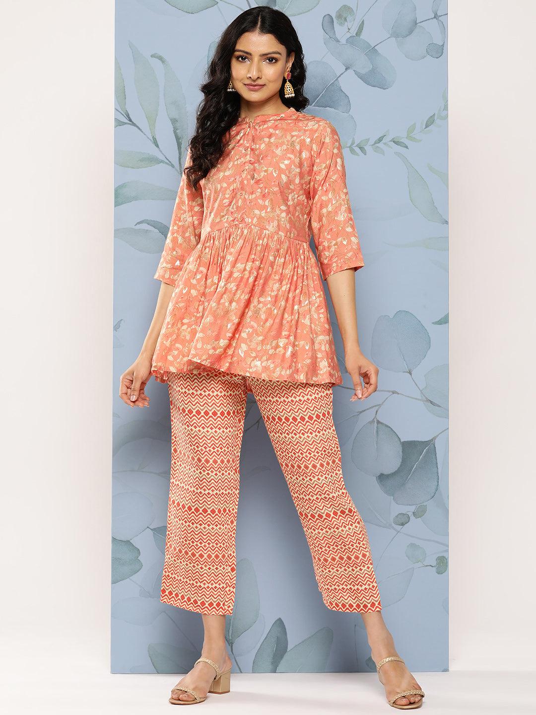 Peach Printed Silk Blend Top With Palazzos